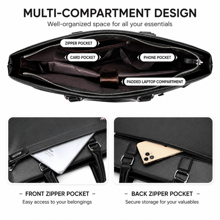 Black Men's PU Leather Briefcase - Waterproof Laptop Messenger Bag with Adjustable Strap - Large Capacity Business Office Bag for Work and Travel