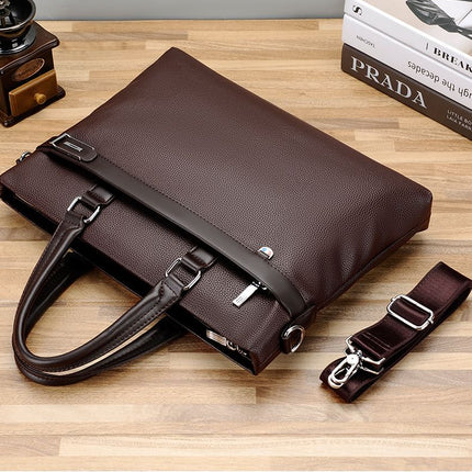 Brown Men's PU Leather Briefcase - Waterproof Laptop Messenger Bag with Adjustable Strap - Large Capacity Business Office Bag for Work and Travel