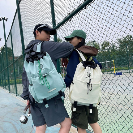Beige Sports Drawstring Backpack - Large Capacity Badminton, Yoga Mat and Gym Bag with Racket Holder for Fitness, Outdoor Training, Travel and Daily Use