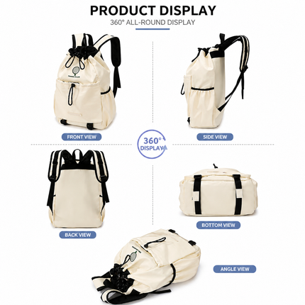 Beige Sports Drawstring Backpack - Large Capacity Badminton, Yoga Mat and Gym Bag with Racket Holder for Fitness, Outdoor Training, Travel and Daily Use