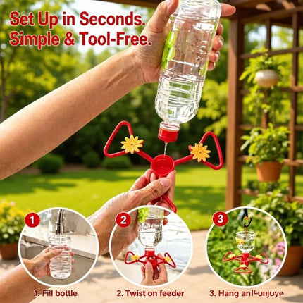 3 Pack Outdoor Bird Water Feeder Attachment (Green with small yellow flowers) with 3 Water Outlets, Detachable Garden Bird Drinking Station, Reusable Bottle Connector for Backyard Patio Garden Bird Care