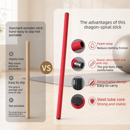 150cm Yoga Stretch Stick (Red)- Detachable 4 Section Foam Covered Steel Rod for Yoga Pilates Training Shoulder Opening Stretching and Home Fitness Workouts