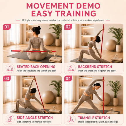 150cm Yoga Stretch Stick (Red)- Detachable 4 Section Foam Covered Steel Rod for Yoga Pilates Training Shoulder Opening Stretching and Home Fitness Workouts