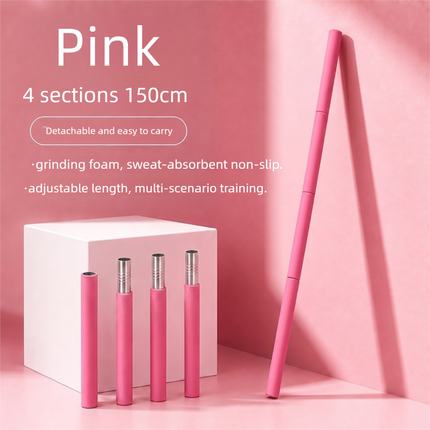150cm Yoga Stretch Stick (Pink)- Detachable 4 Section Foam Covered Steel Rod for Yoga Pilates Training Shoulder Opening Stretching and Home Fitness Workouts