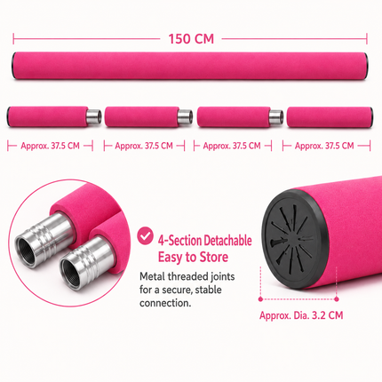 150cm Yoga Stretch Stick (Pink)- Detachable 4 Section Foam Covered Steel Rod for Yoga Pilates Training Shoulder Opening Stretching and Home Fitness Workouts