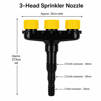 3-Head Adjustable Garden Spray Nozzle - Wide-Area Watering and Mist Sprayer with Stepped Hose Connector for Gardens, Lawns, Orchards and Irrigation