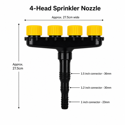 4-Head Adjustable Garden Spray Nozzle - Wide-Area Watering and Mist Sprayer with Stepped Hose Connector for Gardens, Lawns, Orchards and Irrigation
