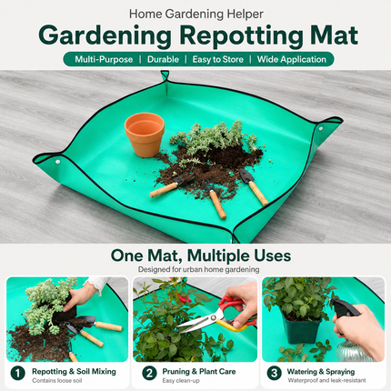 Green Waterproof Garden Repotting Mat - 75 x 100 cm Foldable Potting and Transplanting Work Mat with Snap Corners for Indoor Plants, Soil Mixing and Easy Clean-Up