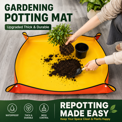Yellow Waterproof Garden Repotting Mat - 75 x 100 cm Foldable Potting and Transplanting Work Mat with Snap Corners for Indoor Plants, Soil Mixing and Easy Clean-Up