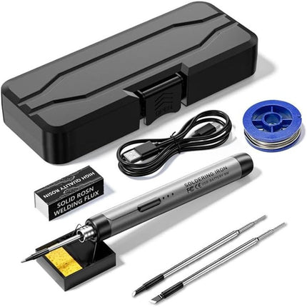 Grey Portable Cordless Soldering Iron Kit with 3 Soldering Tips 5V 8W - 3 Temperature Settings, Fast Heating Mini Tool for Circuit Board Repair, Electronics Soldering, Wiring and DIY Use