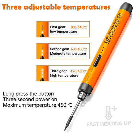 Black Portable Cordless Soldering Iron Kit with 3 Soldering Tips 5V 8W - 3 Temperature Settings, Fast Heating Mini Tool for Circuit Board Repair, Electronics Soldering, Wiring and DIY Use
