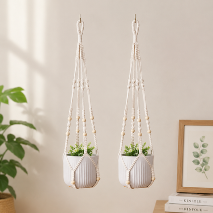 2 Pack Macrame Plant Hanger (White)- 90cm Cotton Rope Hanging Planter Basket with Beads, Boho Home Decor for Indoor Outdoor Plants