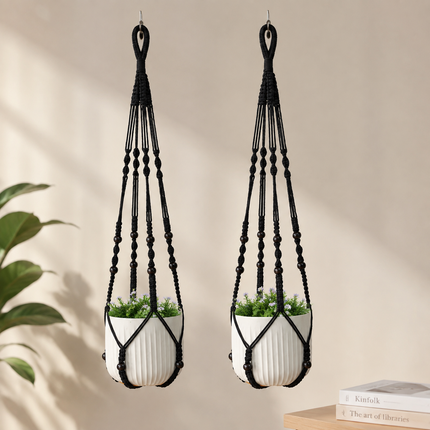 2 Pack Macrame Plant Hanger (Black)- 90cm Cotton Rope Hanging Planter Basket with Beads, Boho Home Decor for Indoor Outdoor Plants