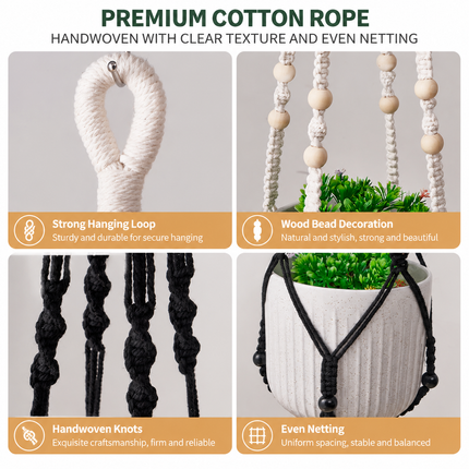 2 Pack Macrame Plant Hanger (Black)- 90cm Cotton Rope Hanging Planter Basket with Beads, Boho Home Decor for Indoor Outdoor Plants