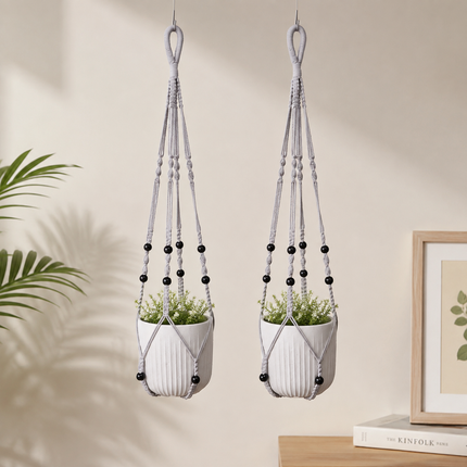 2 Pack Macrame Plant Hanger (Gray)- 90cm Cotton Rope Hanging Planter Basket with Beads, Boho Home Decor for Indoor Outdoor Plants