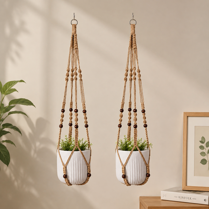 2 Pack Macrame Plant Hanger (Brown)- 90cm Cotton Rope Hanging Planter Basket with Beads, Boho Home Decor for Indoor Outdoor Plants