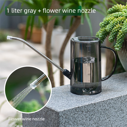 1L Gray Long Spout Watering Can with Shower Head - Clear Plastic Indoor Plant Waterer for Succulents, Balcony Garden, Precise Watering Tool