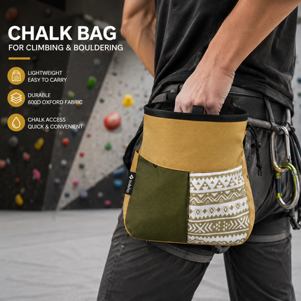 Khaki Small Rock Climbing Chalk Bag with Wide Opening, Quick Access Magnesium Powder Pouch for Bouldering, Climbing and Outdoor Training