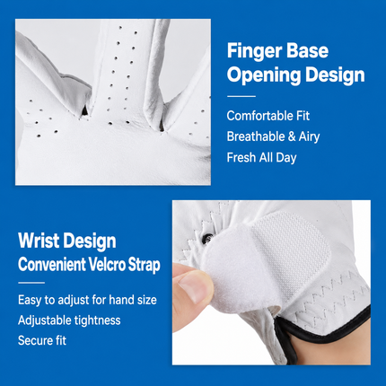 White Left Hand Golf Glove XL Size - Breathable Anti-Slip Golf Glove with Adjustable Wrist Strap for Golf Training and Outdoor Games