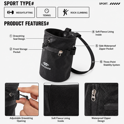 Climbing Chalk Bag - Red Chalk Pouch with Adjustable Waist Belt, Storage Pocket and Fleece Lining for Rock Climbing, Bouldering, Weightlifting and Gym Training