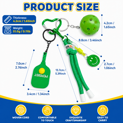 1 Piece Pickleball Keychain Bag Charm - Orange Sports Pendant with Mini Paddle, Ball, Smiley Charm and Woven Cord, Cute Gift Friendly Key Ring for Bags, Backpacks and Keys