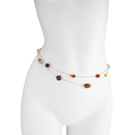 Double Layer Beaded Waist Chain - Multi-Color Resin Stone Body Chain with Extension, Boho Summer Beach Belly Chain for Women