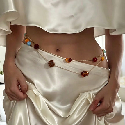 Double Layer Beaded Waist Chain - Multi-Color Resin Stone Body Chain with Extension, Boho Summer Beach Belly Chain for Women