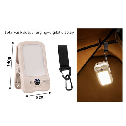 Solar Camping Lantern with Clip Beige- 2000mAh USB and Solar Rechargeable, Waterproof Portable Tent Light with Digital Display for Outdoor Hiking Emergency