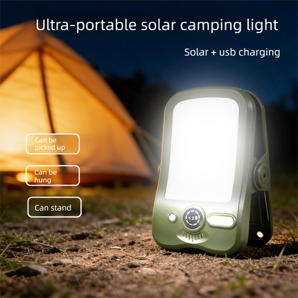Solar Camping Lantern with Clip White- 2000mAh USB and Solar Rechargeable, Waterproof Portable Tent Light with Digital Display for Outdoor Hiking Emergency
