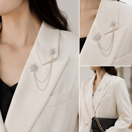 Asymmetric Star Chain Brooch - Rhinestone Double Star Pin with Layered Chains, Elegant Lapel Badge for Women Blazer Coat Dress, Silver Tone