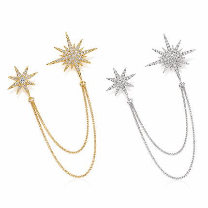 2 Pack Asymmetric Star Chain Brooch Set - Rhinestone Double Star Pins with Layered Chains, Gold and Silver Tone Elegant Lapel Badges for Women Blazer Coat Dress