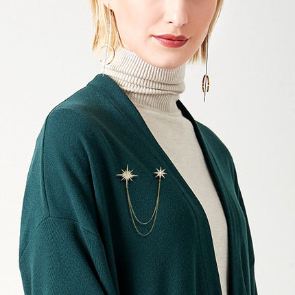2 Pack Asymmetric Star Chain Brooch Set - Rhinestone Double Star Pins with Layered Chains, Gold and Silver Tone Elegant Lapel Badges for Women Blazer Coat Dress