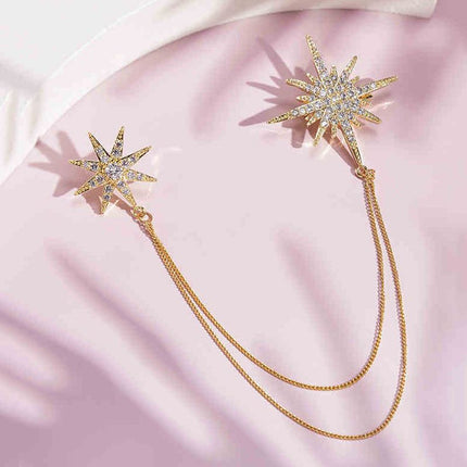 2 Pack Asymmetric Star Chain Brooch Set - Rhinestone Double Star Pins with Layered Chains, Gold and Silver Tone Elegant Lapel Badges for Women Blazer Coat Dress
