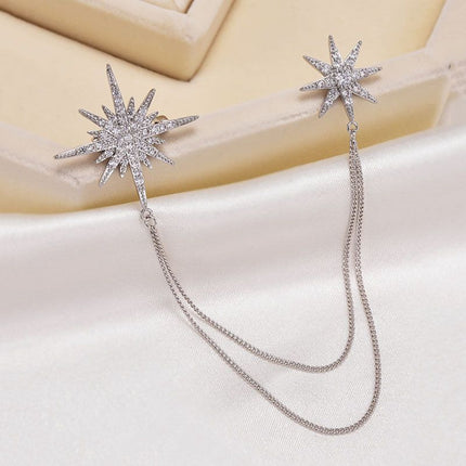 2 Pack Asymmetric Star Chain Brooch Set - Rhinestone Double Star Pins with Layered Chains, Gold and Silver Tone Elegant Lapel Badges for Women Blazer Coat Dress