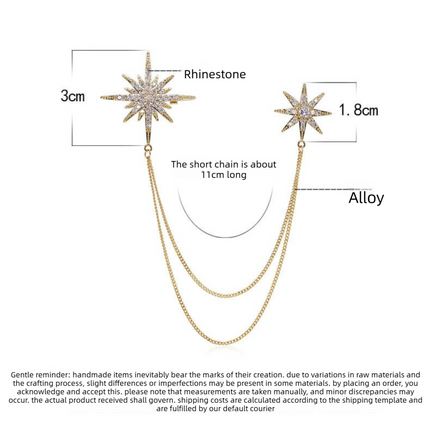 2 Pack Asymmetric Star Chain Brooch Set - Rhinestone Double Star Pins with Layered Chains, Gold and Silver Tone Elegant Lapel Badges for Women Blazer Coat Dress