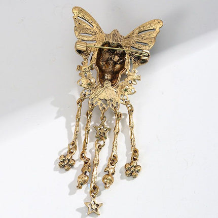 Gothic Skull Butterfly Brooch with Tassel - Vintage Rhinestone Skeleton Pin with Dangling Charms, Dark Aesthetic Statement Badge for Coat Sweater, 11.3cm