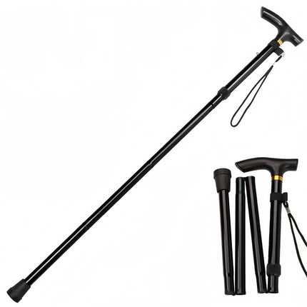 Folding Hiking Stick Black - Adjustable Aluminum Telescopic Walking Cane, 5-Height Settings 82-95cm, Lightweight Portable Trekking Pole for Seniors and Outdoors