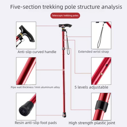 Folding Hiking Stick Silver - Adjustable Aluminum Telescopic Walking Cane, 5-Height Settings 82-95cm, Lightweight Portable Trekking Pole for Seniors and Outdoors