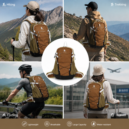 Lightweight Hiking Backpack 20L Brown - Ultralight Oxford Cloth Daypack with Breathable Mesh Back, Adjustable Straps for Trekking Camping Travel