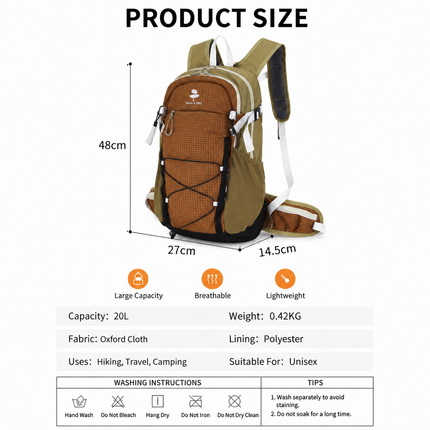 Lightweight Hiking Backpack 20L Brown - Ultralight Oxford Cloth Daypack with Breathable Mesh Back, Adjustable Straps for Trekking Camping Travel