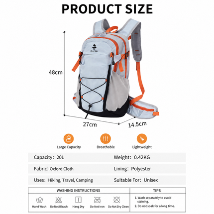Lightweight Hiking Backpack 20L Light Blue-gray - Ultralight Oxford Cloth Daypack with Breathable Mesh Back, Adjustable Straps for Trekking Camping Travel