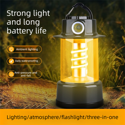Rechargeable LED Camping Lantern - 1200mAh Battery, 5 Light Modes, USB-C Charging, Hanging Hook and Side Torch for Camping and Outdoor Lighting