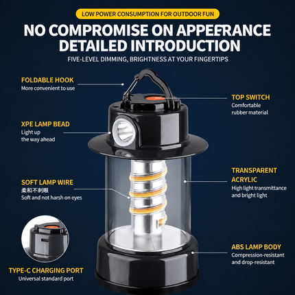 Rechargeable LED Camping Lantern - 1200mAh Battery, 5 Light Modes, USB-C Charging, Hanging Hook and Side Torch for Camping and Outdoor Lighting