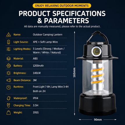 Rechargeable LED Camping Lantern - 1200mAh Battery, 5 Light Modes, USB-C Charging, Hanging Hook and Side Torch for Camping and Outdoor Lighting