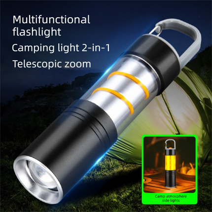 Rechargeable LED Torch and Camping Lantern - 500mAh Battery, 3 Light Modes, USB-C Charging, Zoomable Beam and Carabiner Hook for Hiking and Outdoor Use