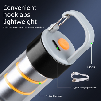 Rechargeable LED Torch and Camping Lantern - 500mAh Battery, 3 Light Modes, USB-C Charging, Zoomable Beam and Carabiner Hook for Hiking and Outdoor Use