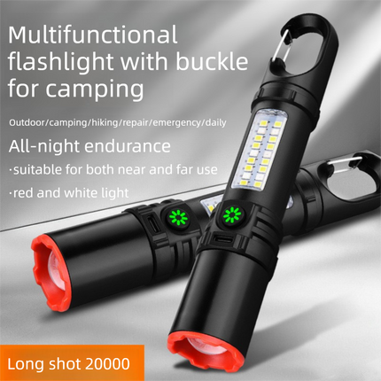 Rechargeable LED Torch with COB Work Light - 1200mAh Battery, 5 Light Modes, USB-C Charging, Zoomable Beam and Carabiner Hook for Camping