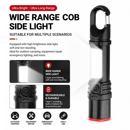 Rechargeable LED Torch with COB Work Light - 1200mAh Battery, 5 Light Modes, USB-C Charging, Zoomable Beam and Carabiner Hook for Camping