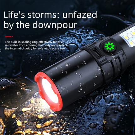 Rechargeable LED Torch with COB Work Light - 1200mAh Battery, 5 Light Modes, USB-C Charging, Zoomable Beam and Carabiner Hook for Camping