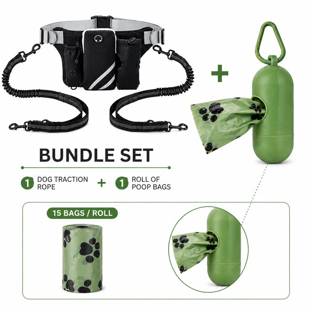 Hands Free Dog Leash Running Belt with Adjustable Bungee Lead(Black), Multi Pocket Outdoor Waist Bag and Free Roll of 15 Poop Bags for Walking, Jogging and Running